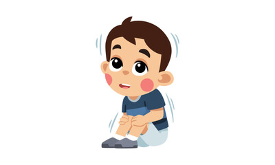 Cartoon boy shivering, sitting with knees pulled to chest.