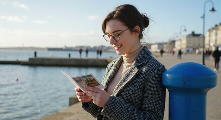 Smiling female tourist reading a brochure on a sunny seaside promenade. Young woman exploring a coastal city on vacation.