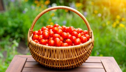 Freshly picked tomatoes in a wicker basket outdoors