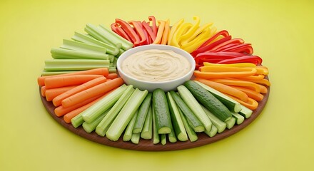 Vegetable sticks with dip on a wooden serving board