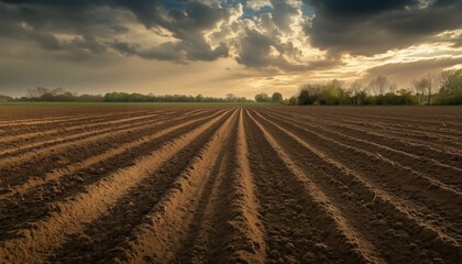 Field Ploughed For Agriculture To Create A Level Surface For Planting Crops, Typically Showing Long Straight Lines From The Plough.