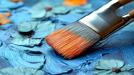 Fototapeta premium A paintbrush dips into a vibrant blue and orange floral artwork