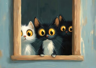 木製窓枠から外を覗く白い猫と黒い猫の鮮やかな絵画風イラストレーション