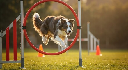 Athletic Australian Shepherd dog jumping through a hoop. Canine agility training on an outdoor course. Animal sports and competition concept.
