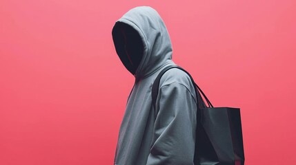 Anonymous person in hooded sweatshirt with dark hidden face and bag against red background, symbolizing scammer, cybercrime, identity theft, and online shopping fraud risk.