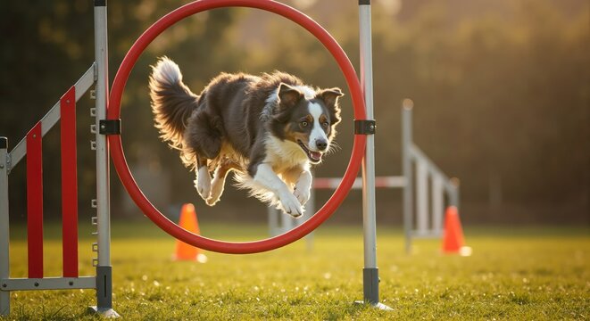 Athletic Australian Shepherd dog jumping through a hoop. Canine agility training on an outdoor course. Animal sports and competition concept.