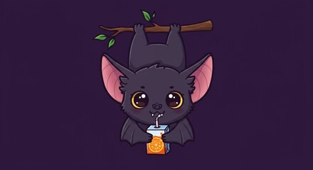 Cute bat hanging and drinking orange juice