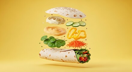 Shawarma ingredients floating on yellow background