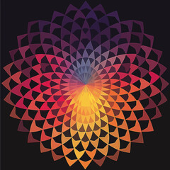Vibrant abstract geometric mandala pattern with a radiating warm to cool color gradient on a dark background