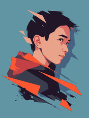 Stylized vector illustration of a young man's portrait, crafted with dynamic geometric shapes and an energetic, modern aesthetic on a blue background