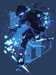 Dynamic vector art of a hooded futuristic character in motion surrounded by abstract blue digital glitch and data stream effects