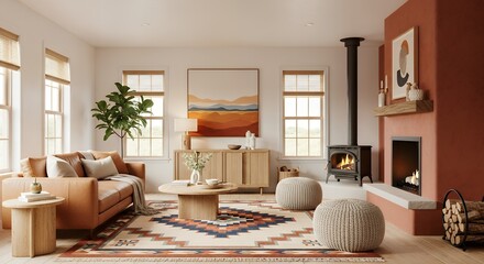 Cozy Modern Living Room with a Southwestern Rug and a Wood-Burning Stove.