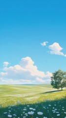 Naklejka premium Green Meadow with White Flowers and Solitary Tree Under Blue Sky Anime Style Landscape