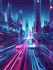Vector illustration of a futuristic city with vibrant neon lights and dynamic traffic on a busy digital highway at night