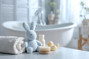 A white towel blue bunny toy brush lotion and duck toy sit on a marble counter in a bright bathroom