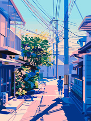 Peaceful illustration of a sunlit Japanese alleyway with a person walking through vibrant pastel shadows, under a tangle of overhead power lines