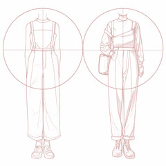 A set of two technical fashion illustrations featuring female models in modern streetwear. Hand-drawn outline sketches for clothing design and collection concepts