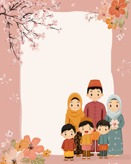 Cute cartoon Muslim family portrait with a floral frame, perfect for Eid Mubarak or Ramadan Kareem greetings