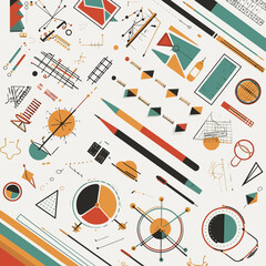 Minimalist schematic illustration with vintage geometric diagrams and simple design tools for creative content development