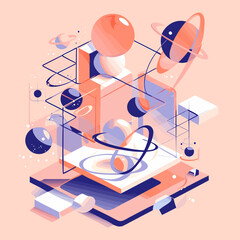 Simple and modern isometric design featuring an abstract cosmic landscape with planets and geometric shapes, ideal for square format content