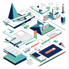 Isometric vector illustration of the architectural design process, showing a fusion of technology, drafting tools, and creative planning