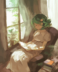 A tranquil digital art illustration featuring a young woman with green hair relaxing with a book, bathed in soft morning light from a window