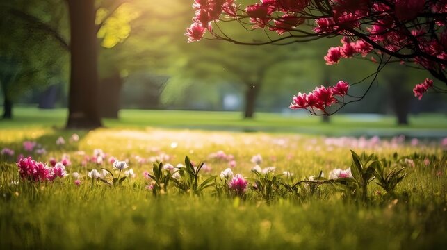 Pink Flowering Tree Branch over Lush Green Meadow with Bokeh Sunlight in Spring