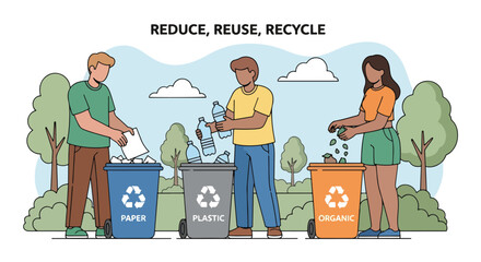 Flat illustration of people sorting paper, plastic, and organic waste into recycling bins under the slogan “Reduce, Reuse, Recycle,” symbolizing sustainability, eco awareness, and environmental