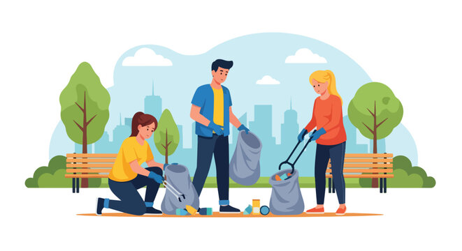 Flat illustration of people cleaning up litter in a city park with bags and tools, symbolizing community action, environmental care, and sustainability for a cleaner future