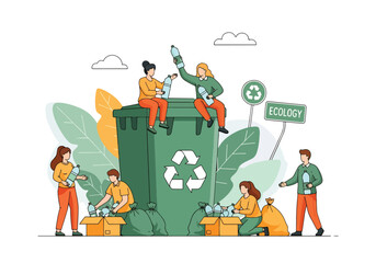Flat illustration of people recycling plastic bottles into bins and boxes, symbolizing sustainability, ecology, waste management, and community action for a cleaner environment