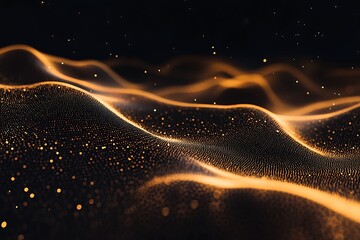 Dynamic golden light abstract digital waves flowing across a dark background with particles