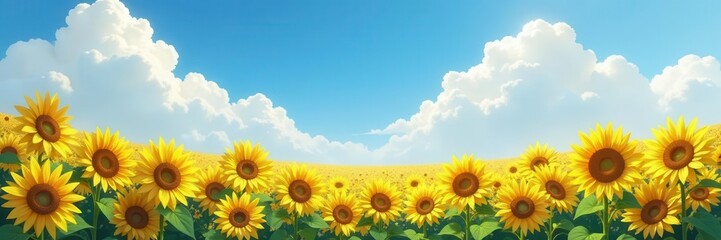 Obraz premium An illustration of a bright sky with fluffy clouds over a field of sunflowers, symbolizing hope, positivity, and renewal , inspiration, clouds