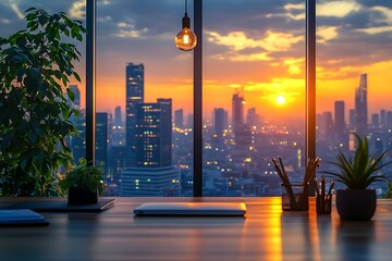 Stunning sunset view from modern office workspace with city skyline, creating success.
