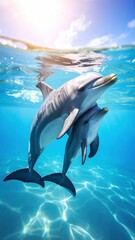 Obraz premium Underwater Love: Mother Dolphin Guiding Baby to Surface for First Breath of Air