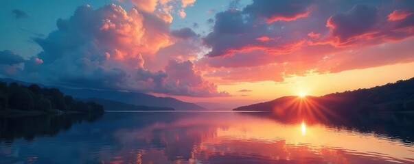 Obraz premium A serene landscape with dramatic clouds and colorful sunset over a tranquil lake, showcasing the changing climate , beauty, weather