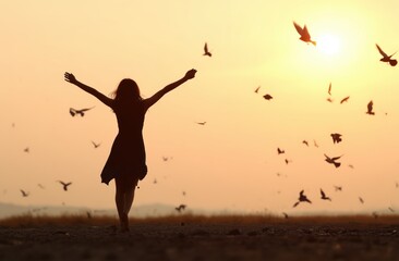 Female silhouette embracing nature under sunset