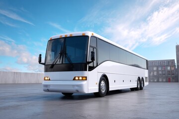 Naklejka premium Modern white tour bus parked on a concrete lot against a clear blue sky, symbolizing charter travel and public transportation