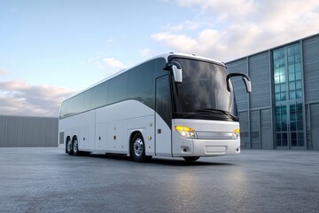 Sleek White Passenger Bus Ready for Transport on Bright, Modern Terminal Background