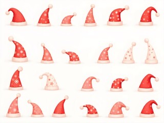 Fototapeta premium Collection of Red and White Santa Hats with Various Designs on White Background
