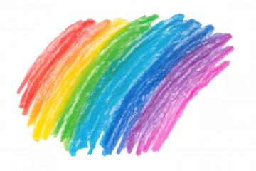 Colorful crayon strokes creating rainbow arc on transparent backdrop, displaying vivid color spectrum for graphic design needs