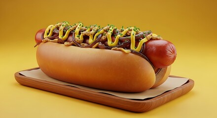 Delicious hotdog with mustard on a wooden plate
