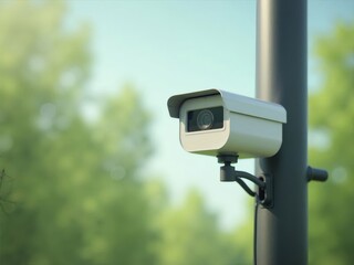監視カメラは街路灯に取り付けられ、背景には緑豊かな緑があり、監視システムのセキュリティコンセプト