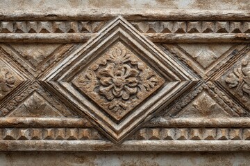 Obraz premium Detailed view of diamondpatterned architectural relief with a central floral motif