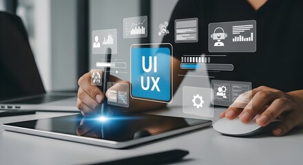 Image of super premium photo of person interacting with a digital interface displaying ui and ux elements on a tablet and computer screen, modern technology concept