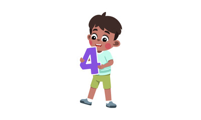 Smiling cartoon child holding the numeral four, a cheerful vector illustration symbolizing "the joy of learning and early numeracy skills"