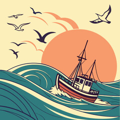 Stormy Sea Adventure with Boat and Sunset.