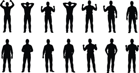 Standing Human Silhouettes in Varied Gestures and Poses, Ideal for Body Language, Character Design, Animation, and Conceptual Illustration Themes