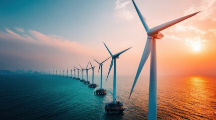 Offshore wind farm with a row of turbines at sunset, with the sun reflecting on the ocean surface