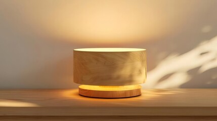 木製円筒形ランプ ライトブラウンの木製テーブルランプとコンクリートの背景 温かい光が上と下から差し込む