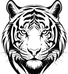 Symmetrical black and white tiger face illustration with bold stripes, intense eyes, wildlife art design, majestic animal vector graphic silhouette